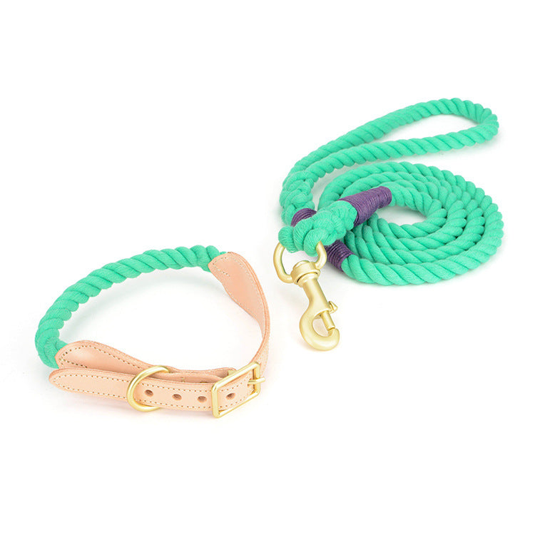 The Harbor Set: Cotton Rope Leash & Leather-Trim Collar