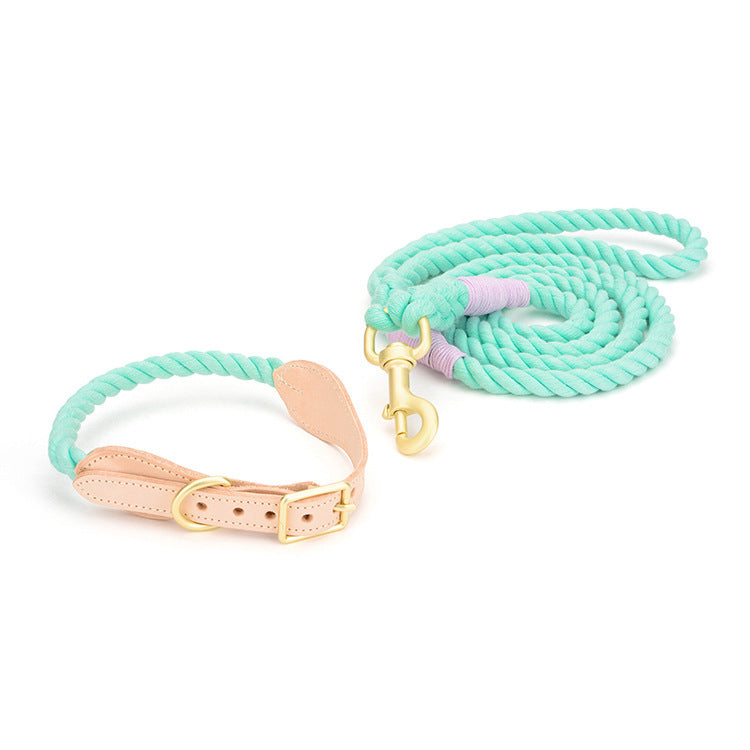 The Harbor Set: Cotton Rope Leash & Leather-Trim Collar